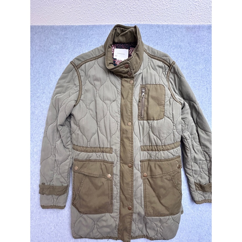 Anthropologie Quilted Utility Jacket Olive Green Ripstop Snap Front Coat Medium